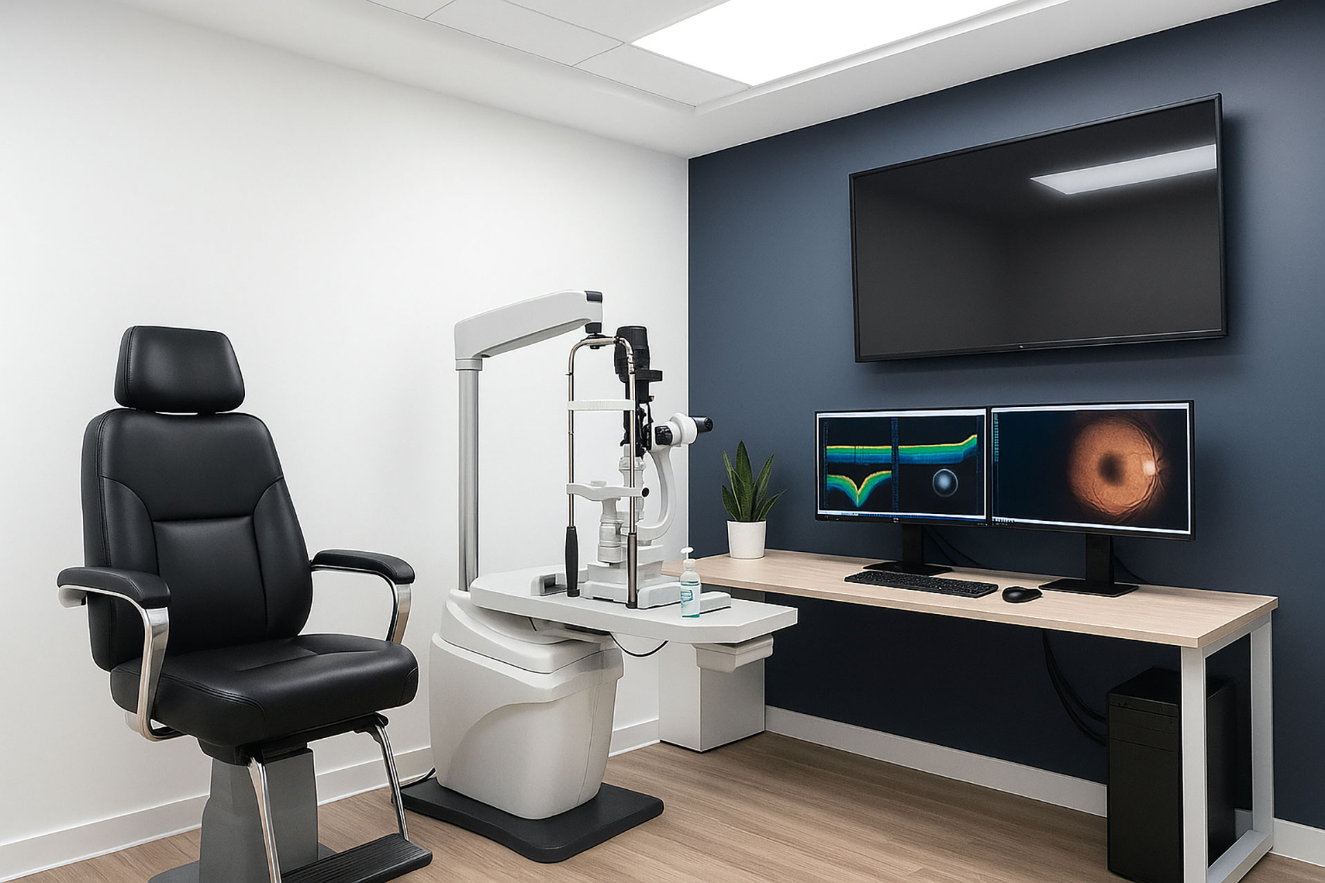 Modern ophthalmology exam room with slit lamp and OCT retina scan monitors.