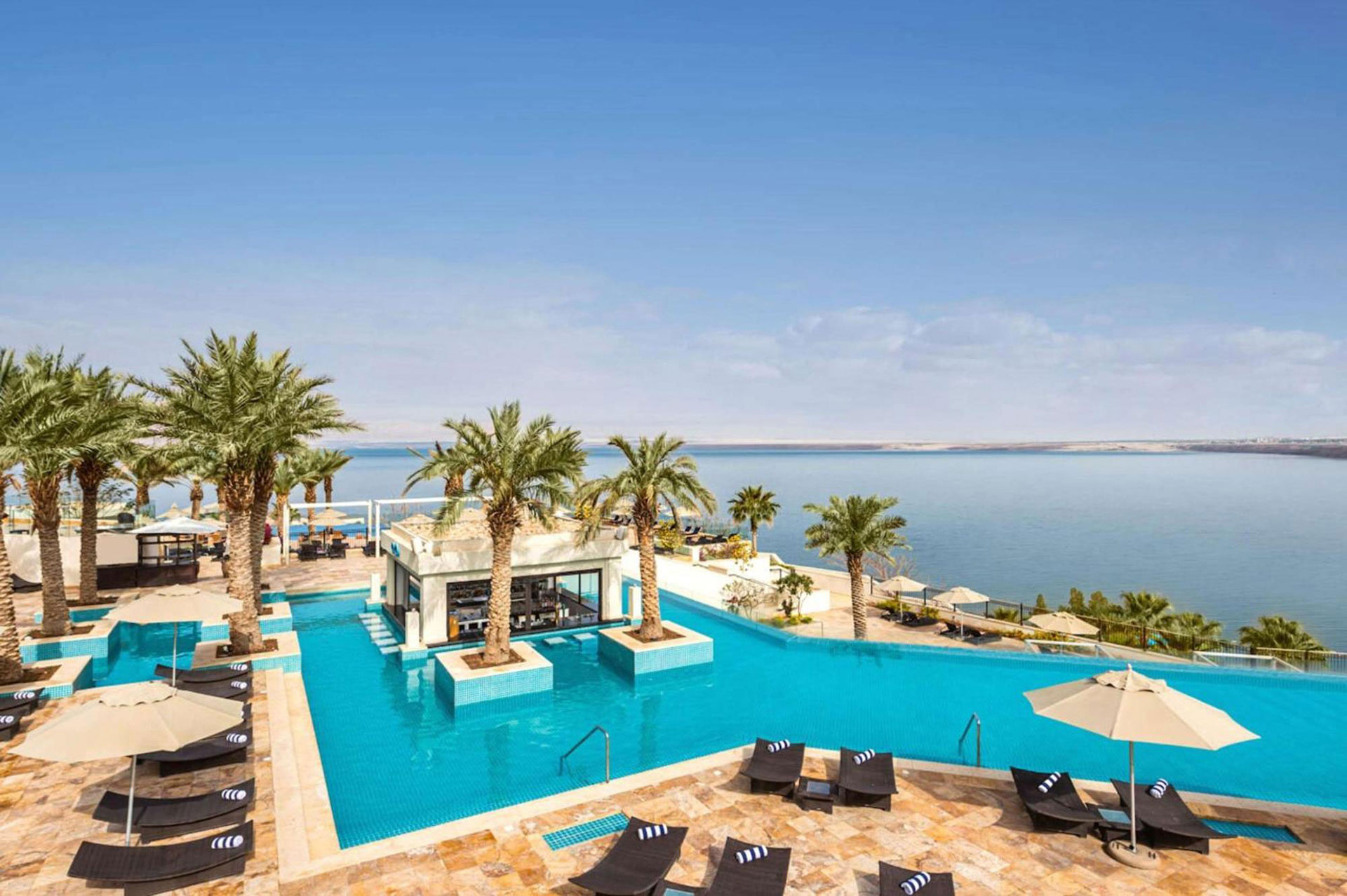 Infinity pool at a luxury Dead Sea resort with palm trees and sun loungers.