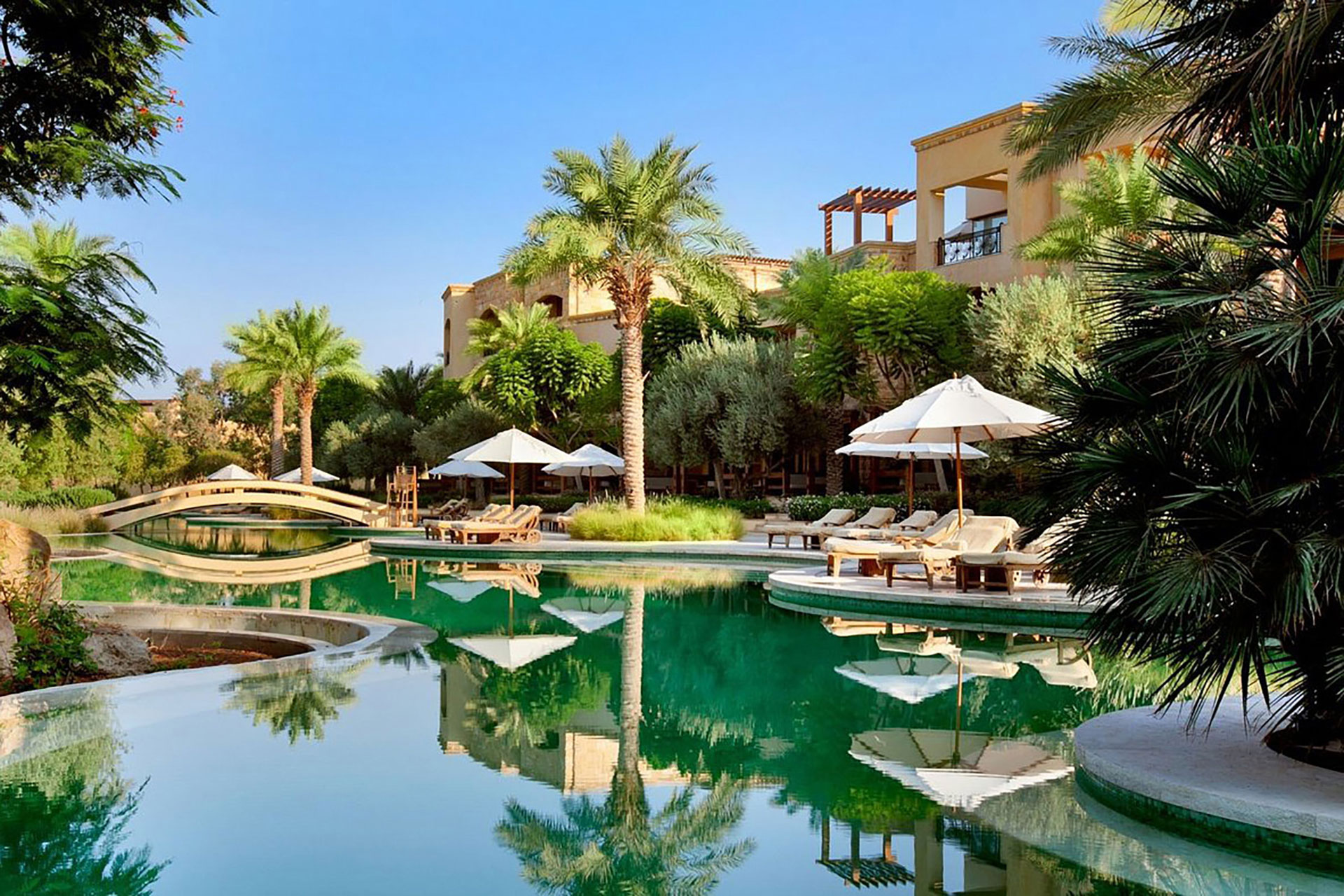 Luxury resort pool with palm trees and sunbeds in Jordan.