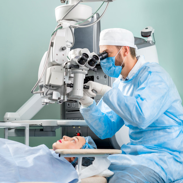 Eye surgeon performing laser eye surgery with operating microscope on a patient.